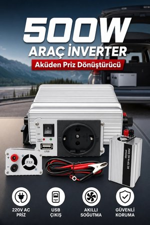 12V Aküden 220V Elektrik Üreten 500W İnverter USB Çıkışlı Fanlı Güç Dönüştürücü Ürün