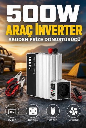 12V Aküden 220V Elektrik Üreten 500W İnverter USB Çıkışlı Fanlı Güç Dönüştürücü Ürün