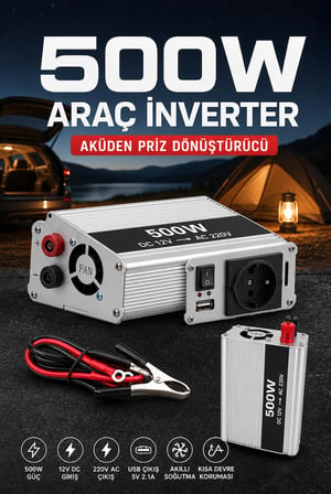 12V Aküden 220V Elektrik Üreten 500W İnverter USB Çıkışlı Fanlı Güç Dönüştürücü Ürün