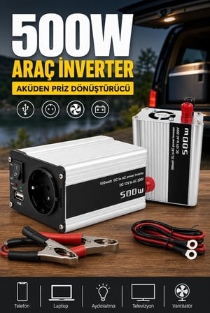 500W Taşınabilir Güç İnverteri 12V DC 220V AC USB Portlu Fanlı Akü Çevirici Cihaz