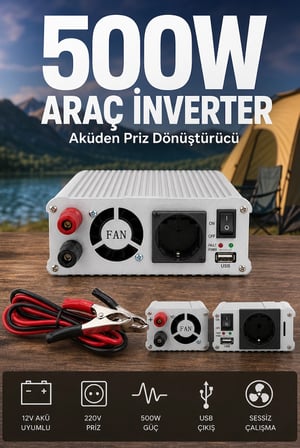 500W Taşınabilir Güç İnverteri 12V DC 220V AC USB Portlu Fanlı Akü Çevirici Cihaz