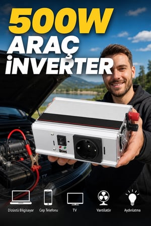 500W Taşınabilir Güç İnverteri 12V DC 220V AC USB Portlu Fanlı Akü Çevirici Cihaz