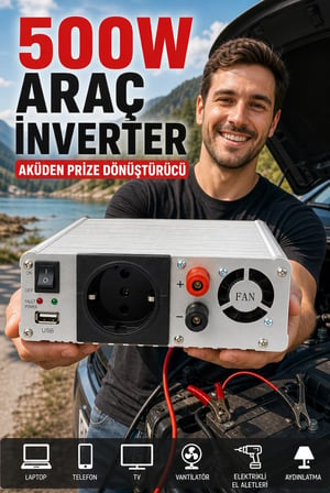 500W Taşınabilir Güç İnverteri 12V DC 220V AC USB Portlu Fanlı Akü Çevirici Cihaz