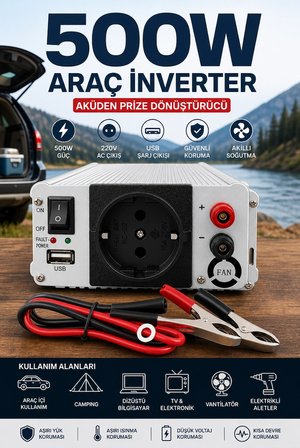 Fanlı 500W DC AC İnverter 12V Akü Girişi 220V Priz USB Çıkışı Taşınabilir Dönüştürücü
