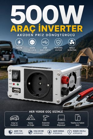 Fanlı 500W DC AC İnverter 12V Akü Girişi 220V Priz USB Çıkışı Taşınabilir Dönüştürücü