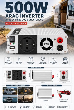 Fanlı 500W DC AC İnverter 12V Akü Girişi 220V Priz USB Çıkışı Taşınabilir Dönüştürücü
