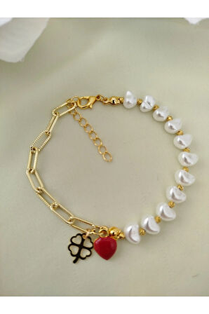 GOLD ZİNCİR DÜZENSİZ İNÇİ KIRMIZI KALP DESENLİ BİLEKLİK
