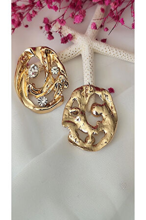 YUVARLAK TAŞLI METAL GOLD KÜPE