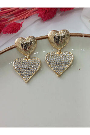 İKİLİ ZİRKON KALP METAL GOLD KÜPE