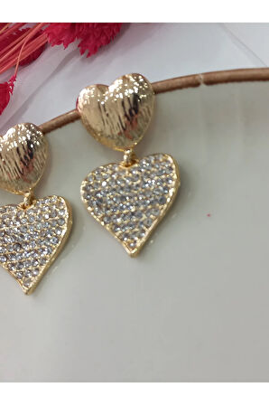 İKİLİ ZİRKON KALP METAL GOLD KÜPE