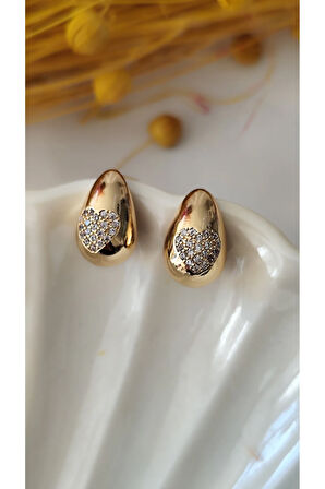 ZİRKON KALP DAMLA METAL GOLD KÜPE