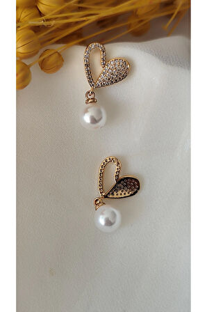 ZİRKON İNCİLİ KÜÇÜK KALP METAL GOLD KÜPE