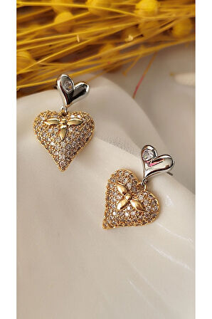 ZİRKON ÇİFT TAŞLI KALP METAL GOLD KÜPE