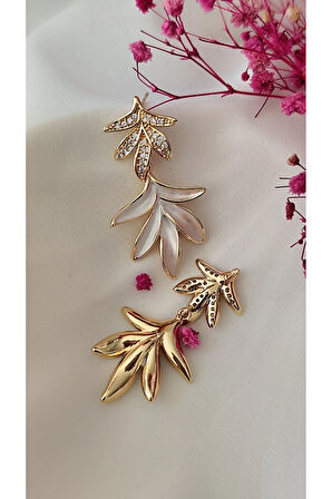 ZİRKON ÇİFT YAPRAK METAL GOLD KÜPE