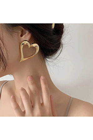 Romantik Büyük Kalp Dangle Küpe Hollow Out Metal Gold