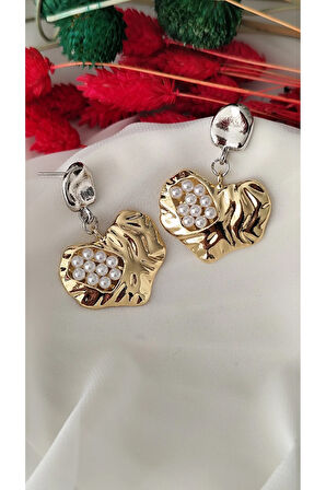 PRESS İNCİLİ KALP METAL GOLD SİLVER KÜPE