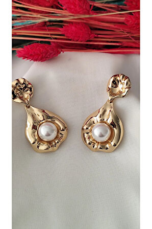 İNCİLİ YAPRAK METAL GOLD KÜPE