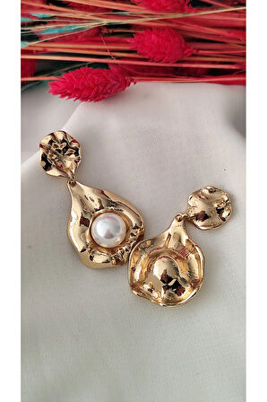 İNCİLİ YAPRAK METAL GOLD KÜPE