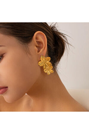 ÇİFT ÇİÇEKLİ METAL GOLD KÜPE