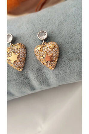 ZİRKON TAŞLI KALP YILDIZ METAL GOLD KÜPE