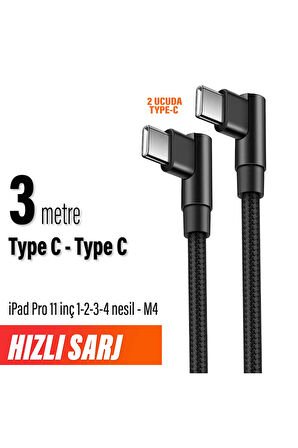 iPad Pro 11 inç 1-2-3-4 nesil M4 Şarj Kablosu Uzun 3 metre Type C to Type C Hızlı Şarj Kablosu