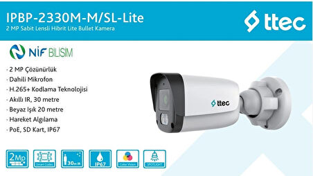 Ttec IPBP-2330M-M/SL-Lite 2mp 2.8mm Sabit Lens Dahili Sesli Gece Renkli IR Bullet IP Kamera Sadece PoE İle Çalışır