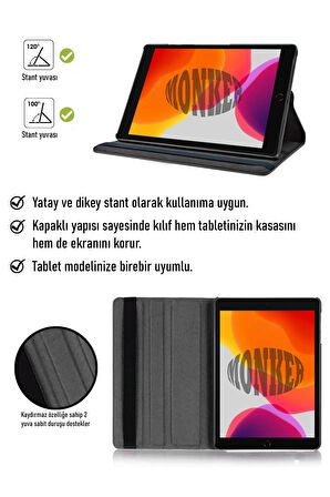 Monker iPad 7. Nesil 10.2 inç Uyumlu Siyah Tablet Kılıfı Dönebilen Standlı Suni Deri