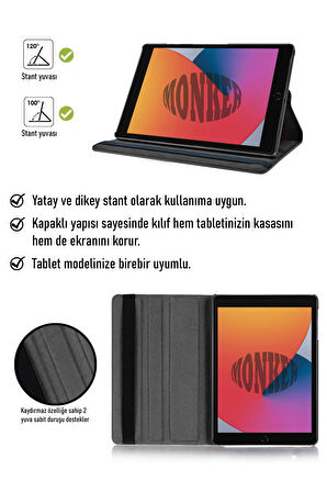 Monker iPad 8. Nesil 10.2 inç Uyumlu Siyah Tablet Kılıfı Dönebilen Standlı Suni Deri