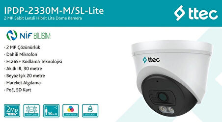 Ttec IPDP-2330M-M/SL-Lite 2mp 2.8mm Sabit Lens Dahili Sesli Gece Renkli IP Dome Kamera Sadece PoE İle Çalışır