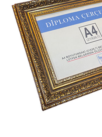 A4 Boyutunda Varaklı Motif Gold Renk Diploma ve Sertifika Çerçevesi
