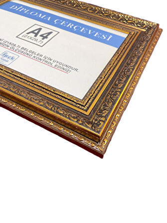 A4 Boyutunda Varaklı Motif Gold Renk Diploma ve Sertifika Çerçevesi
