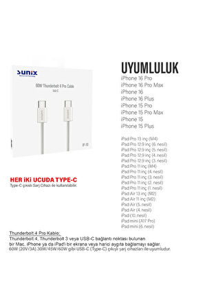 iPhone 16-16 Plus  16 Pro-16 Pro Max Type-C Şarj Kablosu Thunderbolt 4 (USB-C) HIZLI 60W