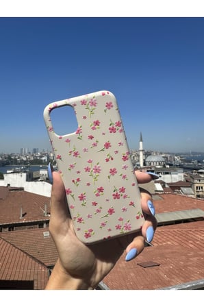 İphone 12 Uyumlu Pembe Çiçekler Tasarımlı Telefon Kılıfı - Krem