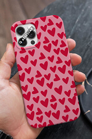 İphone 12 Uyumlu Kırmızı Kalpler Tasarımlı Şeker Pembe Premium Telefon Kılıfı