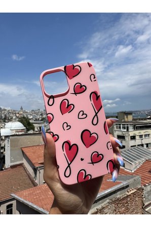 İphone 12 Pro Uyumlu Kırmızı Kalpler Tasarımlı Telefon Kılıfı - Şeker Pembe