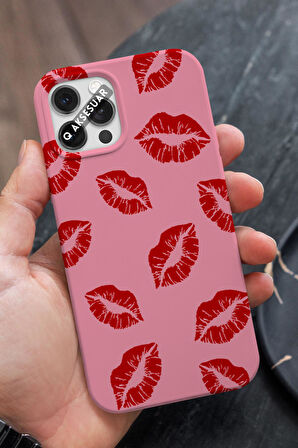 İphone 13 Mini Uyumlu Kırmızı Dudak Tasarımlı Şeker Pembe Premium Telefon Kılıfı
