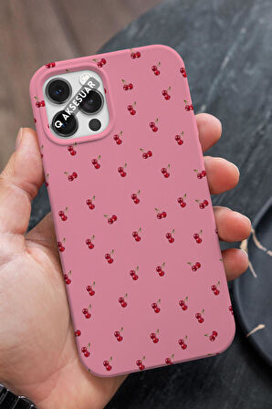 İphone 14 Uyumlu Kiraz Tasarımlı Şeker Pembe Premium Telefon Kılıfı
