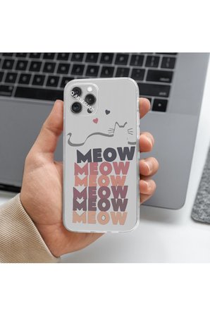 İphone 14 Pro Max Uyumlu Kedi Meow Tasarımlı Premium Şeffaf Telefon Kılıfı