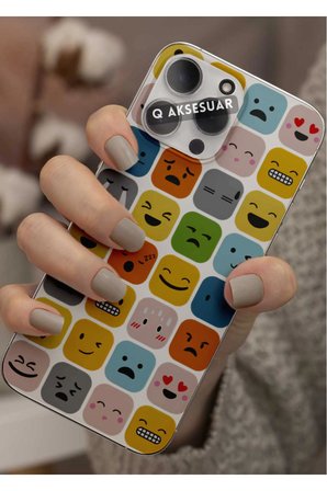 İphone 15 Pro Max Uyumlu Emojiler Tasarımlı Şeffaf Telefon Kılıfı Kapak Case