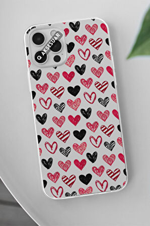 İphone 15 Uyumlu Kırmızı Siyah Kalp Tasarımlı Şeffaf Telefon Kılıfı