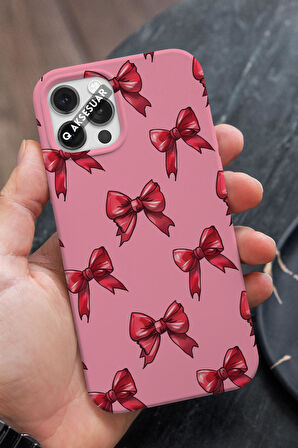 İphone 16 Uyumlu Kırmızı Kurdele Tasarımlı Şeker Pembe Premium Telefon Kılıfı