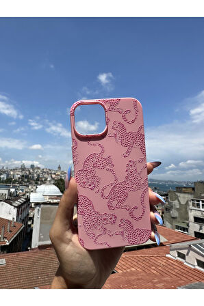 İphone 16 Pro Max Uyumlu Leopar Tasarımlı Telefon Kılıfı - Şeker Pembe