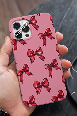 İphone 17 Pro Uyumlu Kırmızı Kurdele Tasarımlı Şeker Pembe Premium Telefon Kılıfı