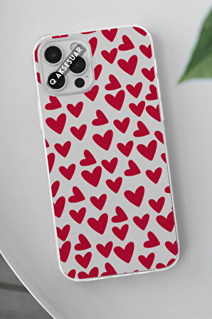 İphone 8 Plus Uyumlu Kırmızı Kalp Tasarımlı Şeffaf Telefon Kılıfı