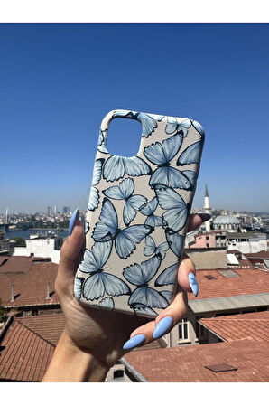 İphone X Uyumlu Mavi Kelebek Tasarımlı Telefon Kılıfı - Krem