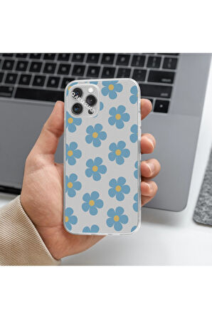 İphone XR Uyumlu Mavi Çiçek Tasarımlı Premium Şeffaf Telefon Kılıfı