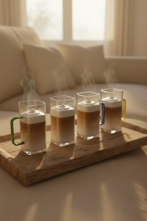 4 Kişilik Borosilikat Kare Renkli Saplı Cam Latte Takımı Isıya Dayanıklı 400  Ml