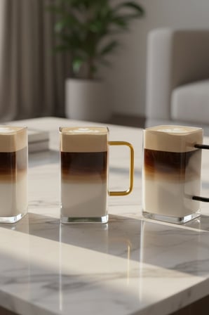 4 Kişilik Borosilikat Kare Renkli Saplı Cam Latte Takımı Isıya Dayanıklı 400  Ml