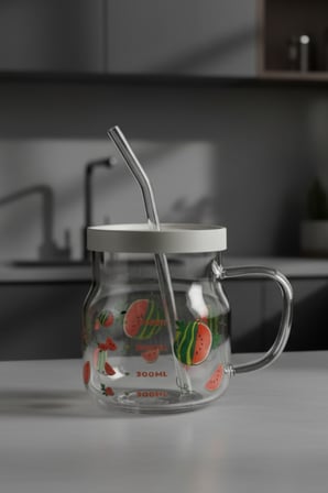 Karpuz Desenli Cam Pipetli Borosilikat Cam Kupa 610 Ml