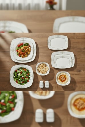12 Kişilik 55 Parça Kare Tasarım Emboss Desen Altın Yaldızlı Yemek Takımı